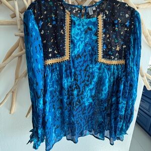 Bink for Anthropologie Vibrant Blue and Navy and gold Blouse beautiful sz Mp